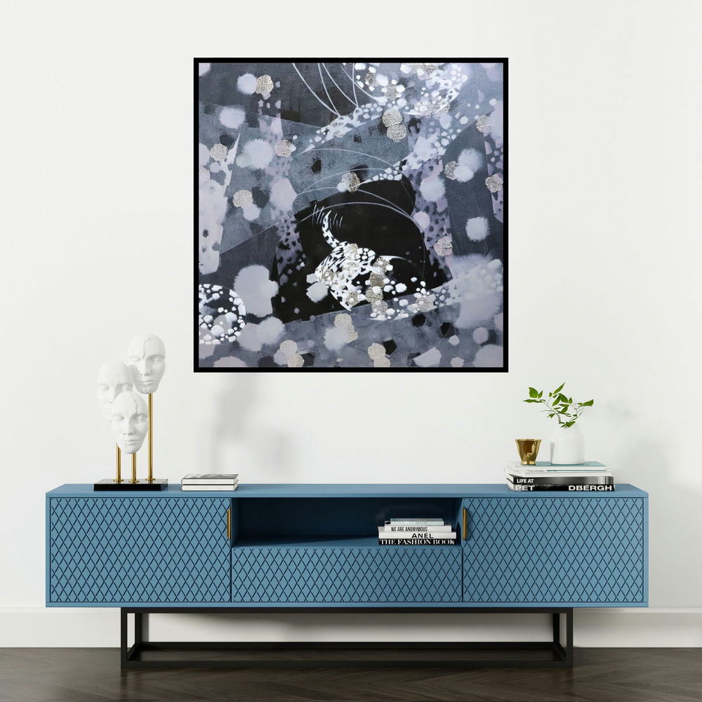 'Colors Of Life 202 (Cryptic Creatures**)' painting by Asif Sharief Shaikh shown on a wall in a furnished room.