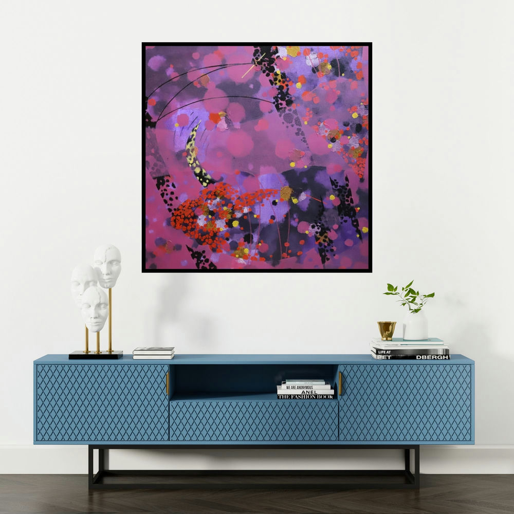 'Colors Of Life 203 (Celestial Dance**)' painting by Asif Sharief Shaikh shown on a wall in a furnished room.