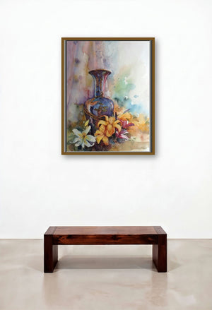 Colours (Floral Vase Watercolor) by artist Asit Singh displayed in a Mid-Century Modern Hotel Lobby