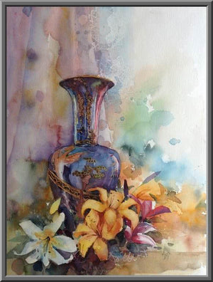 Colours (Floral Vase Watercolor) by Asit Singh, Original Watercolor Still-Life Painting on Paper, Small Vertical Wall Art