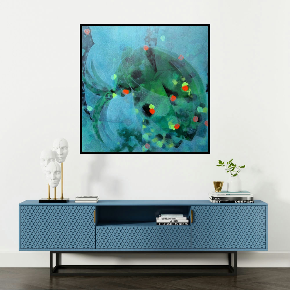 'Colours Of Life 114 (Abstract in Blue and Green)' painting by Asif Sharief Shaikh shown on a wall in a furnished room.