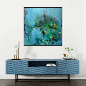 'Colours Of Life 114 (Abstract in Blue and Green)' painting by Asif Sharief Shaikh shown on a wall in a furnished room.