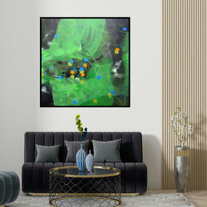 Asif Sharief Shaikh's 'Colours Of Life 115 (Green and Blue Abstract)' painting visualized above a sofa in a contemporary room.