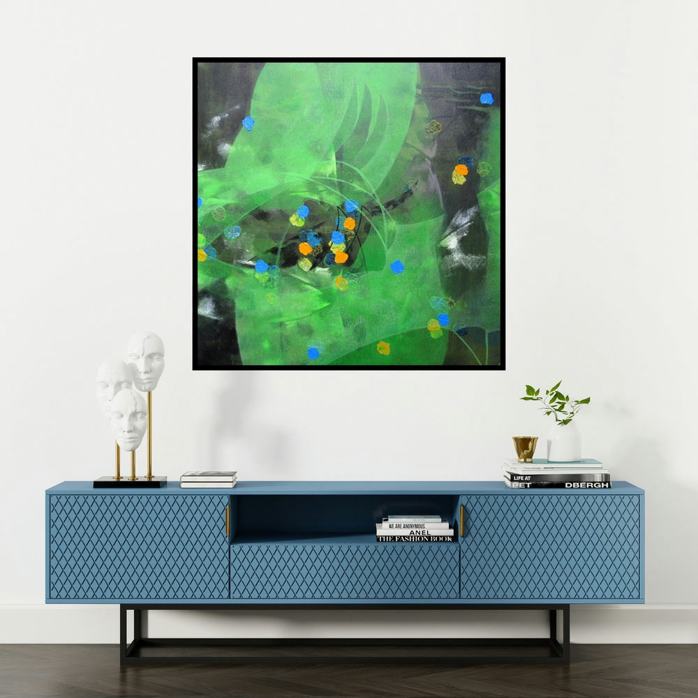 'Colours Of Life 115 (Green and Blue Abstract)' painting by Asif Sharief Shaikh shown on a wall in a furnished room.
