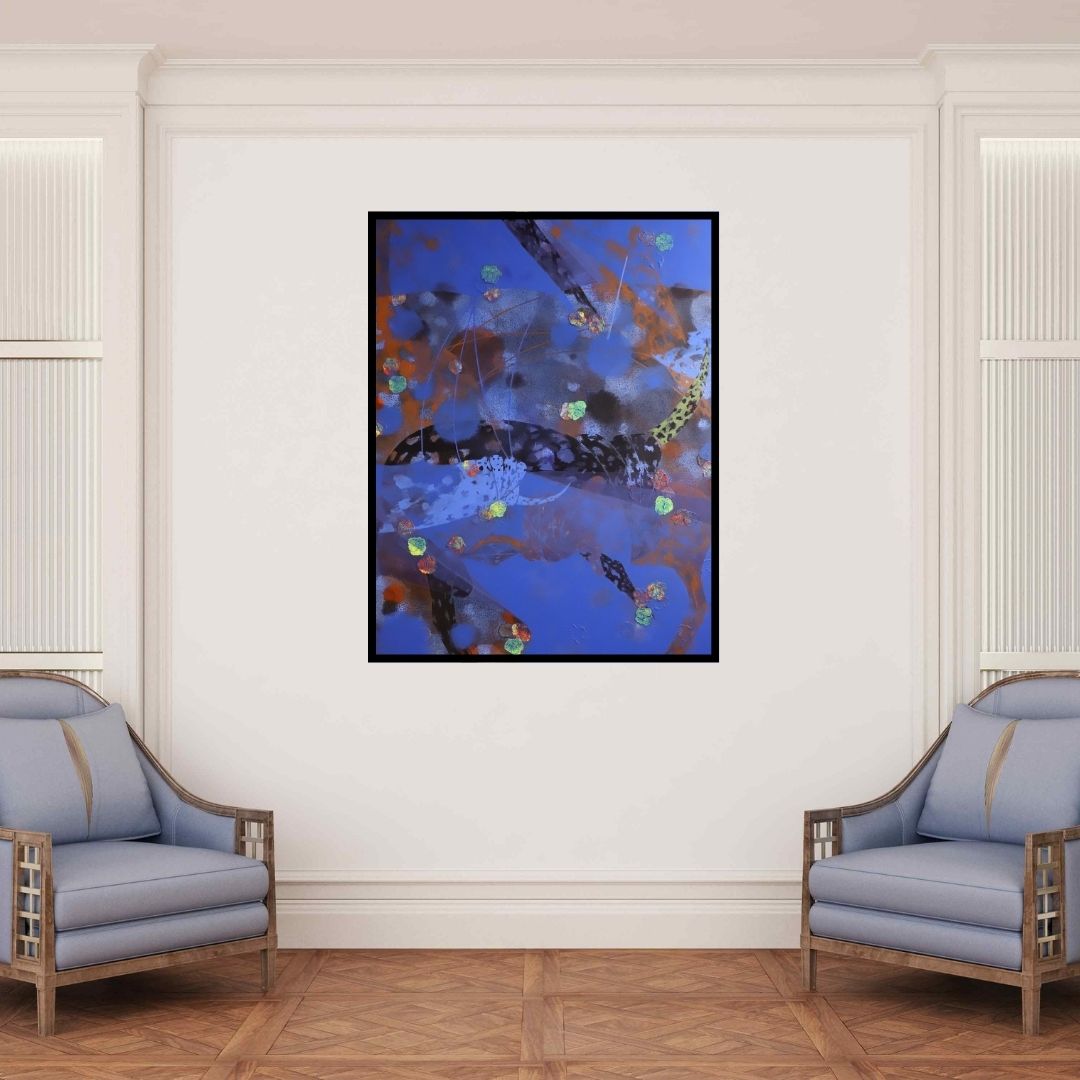 In-situ view of Asif Sharief Shaikh's 'Colours Of Life 135 (Azure Abstraction)' painting in a room