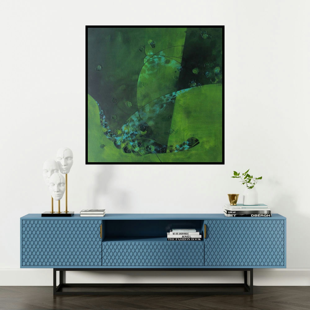 'Colours Of Life 2 (Verdant Harmony)' painting by Asif Sharief Shaikh shown on a wall in a furnished room.