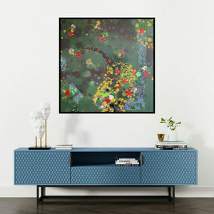 'Colours Of Life (Abstract Floral Explosion)' painting by Asif Sharief Shaikh shown on a wall in a furnished room.