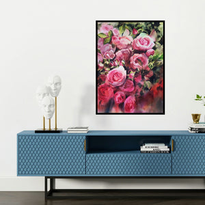 'Comely (A Bouquet of Delicate Beauty**)' painting by Puja Kumar shown on a wall in a furnished room.