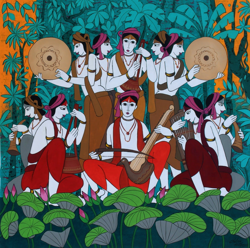 'Composers' religious acrylic painting by artist Chetan Katigar, 57x57 inch, on canvas