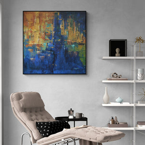 Preview of 'Composition 10' Painting by Sanjay Akolikar shown on a wall in a furnished room.