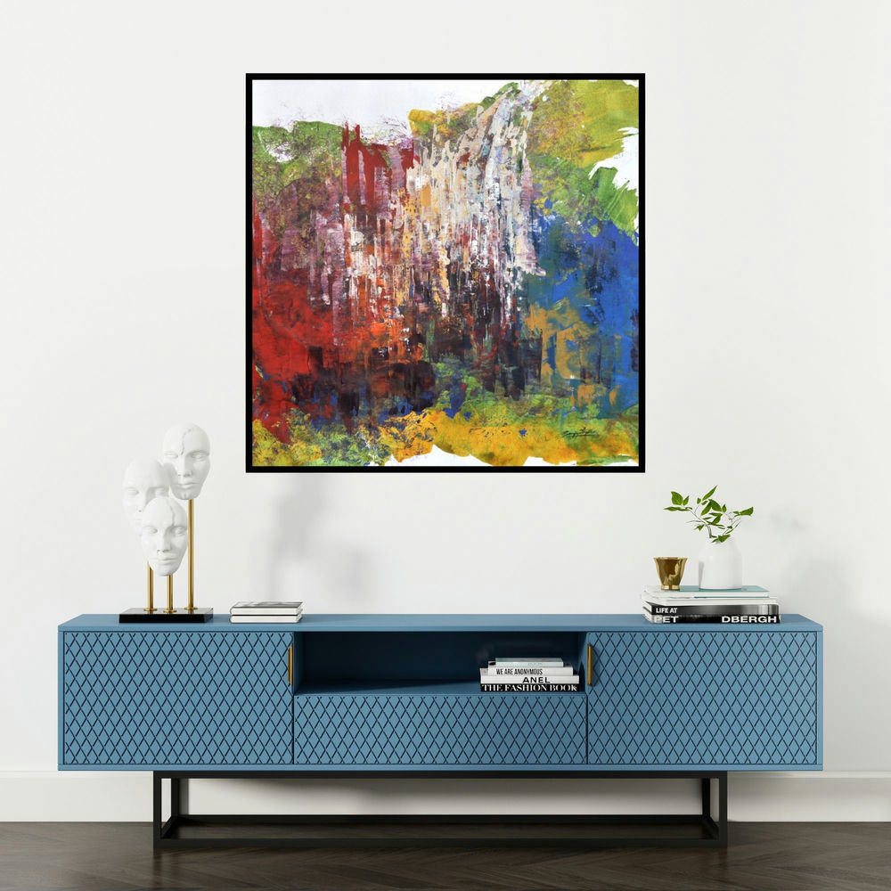'Composition 11 (Crimson Cascade)' painting by Sanjay Akolikar shown on a wall in a furnished room.