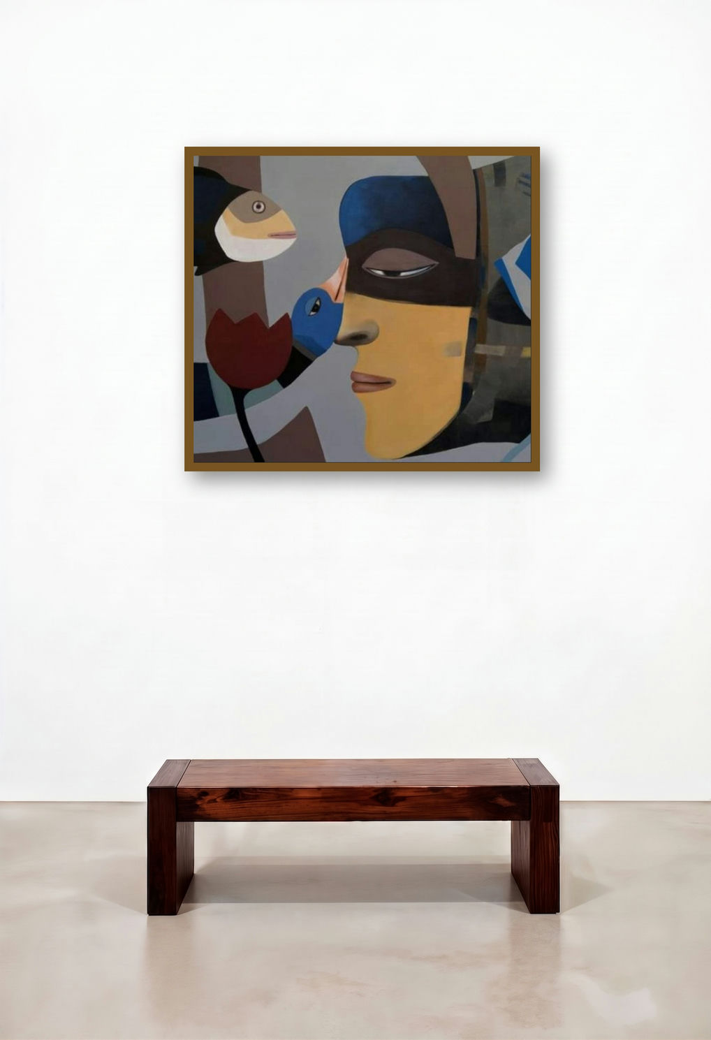 Composition 13 (Surreal Portrait with Fish) by artist Mihir Kayal displayed in a Art Deco Living Room