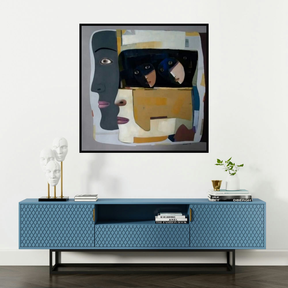 'Composition 14 (Faces within Faces)' painting by Mihir Kayal shown on a wall in a furnished room.