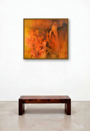 Composition 14 (Radiant Ascent) by artist Sanjay Akolikar displayed in a Japandi Hallway