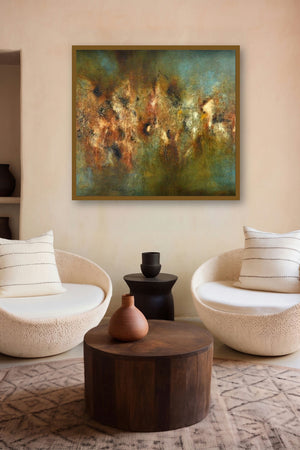 Composition 16 (Emerald Reverie) by artist Sanjay Akolikar displayed in a Luxury gallery