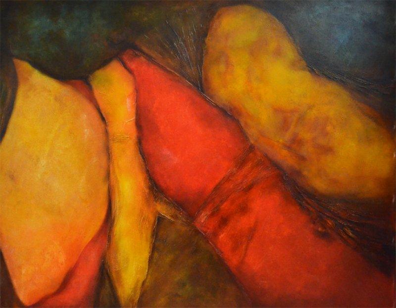 Abstract oil painting titled 'Composition 18', 59x48 inches, by artist Sanjay Akolikar on Canvas
