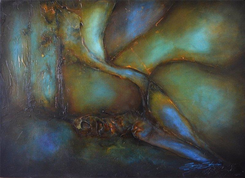 Abstract oil painting titled 'Composition 19', 47x36 inches, by artist Sanjay Akolikar on Canvas