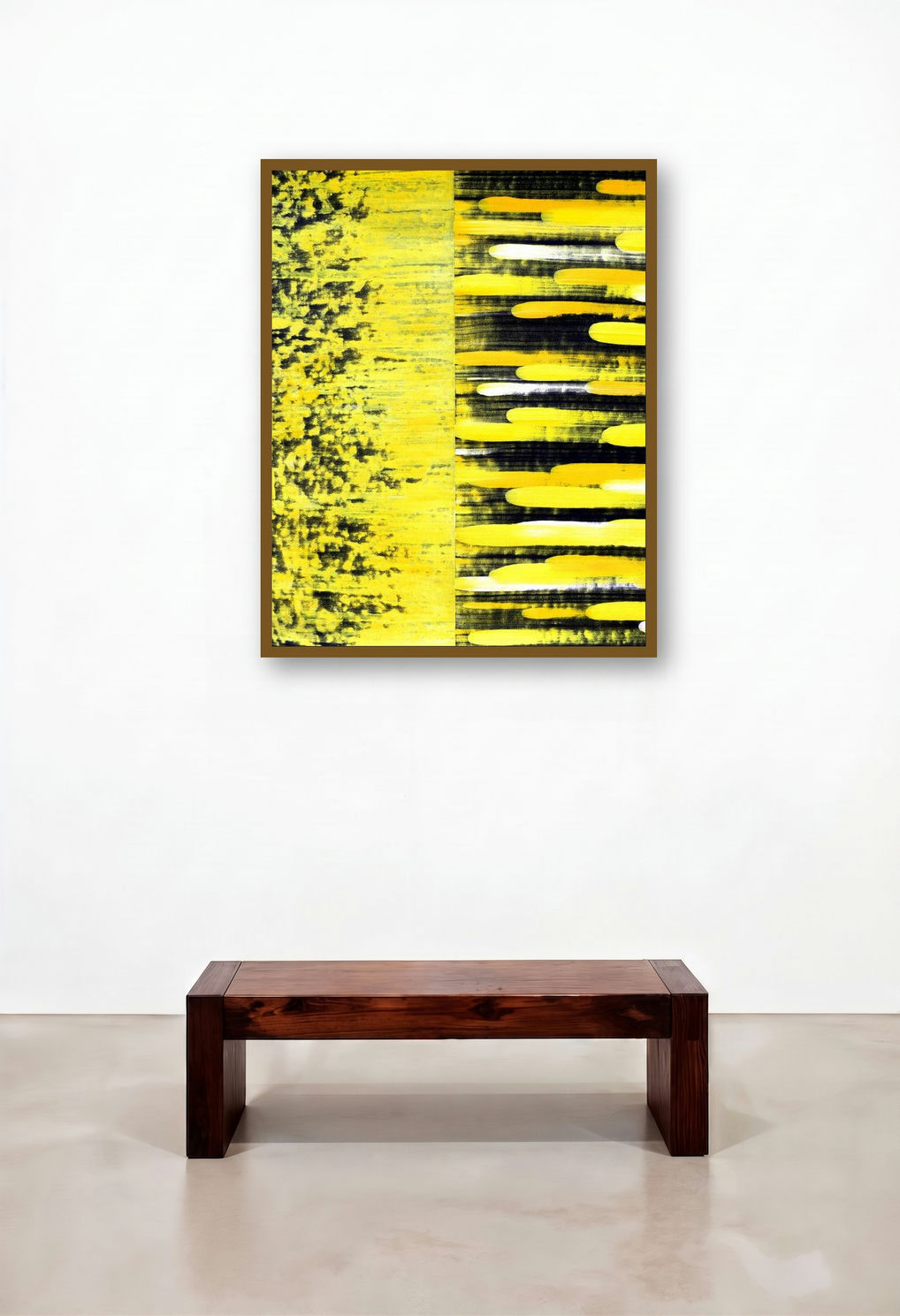 Composition 283 (Solar Flare) by artist Sumit Mehndiratta displayed in a Mid-Century Modern Hotel Lobby
