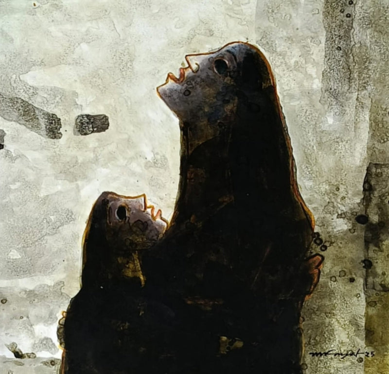 'Composition 3' figurative acrylic painting by artist Mihir Kayal, 13x13 inch, on paper