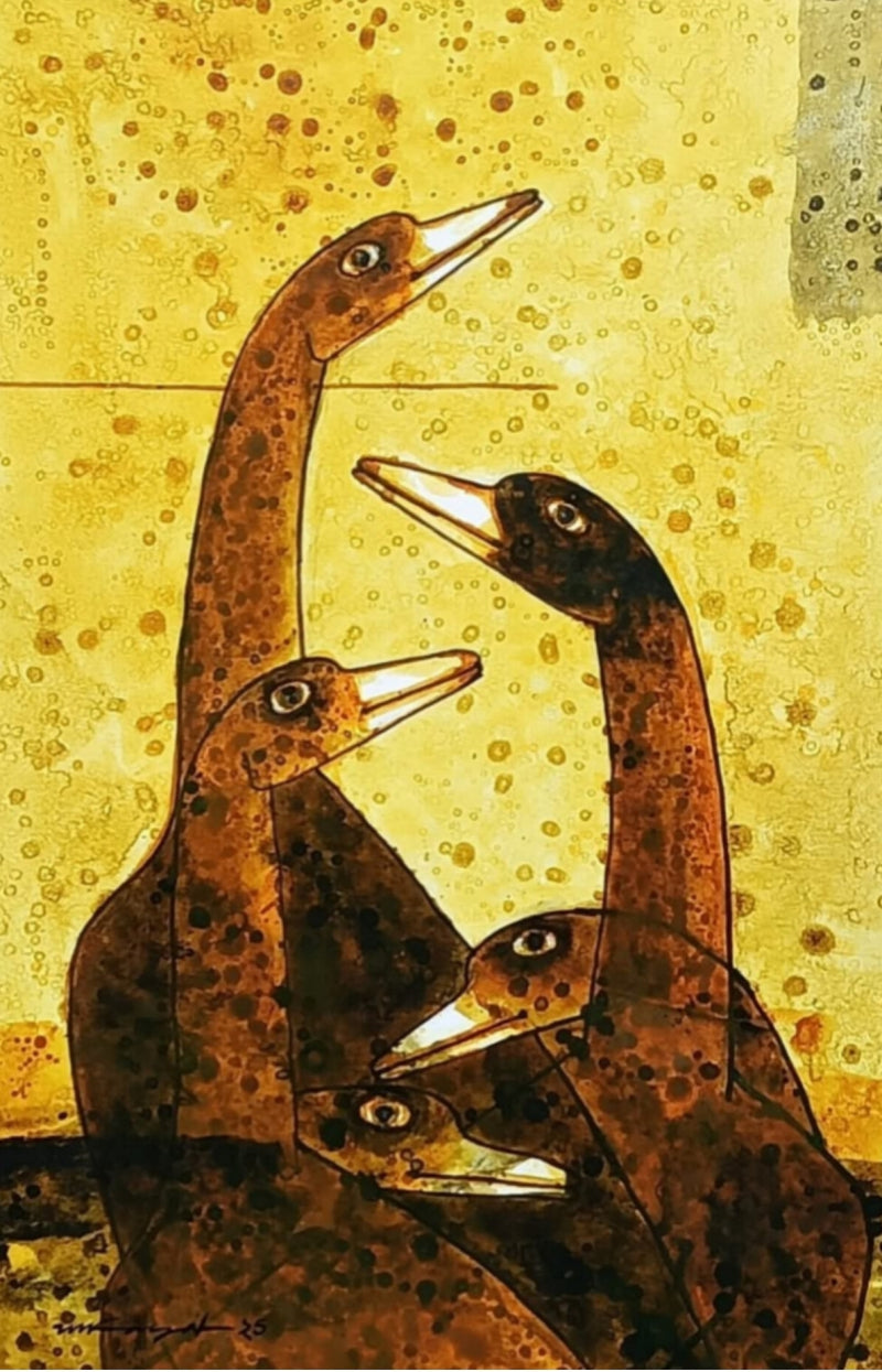 'Composition 4' figurative acrylic painting by artist Mihir Kayal, 18x12 inch, on paper