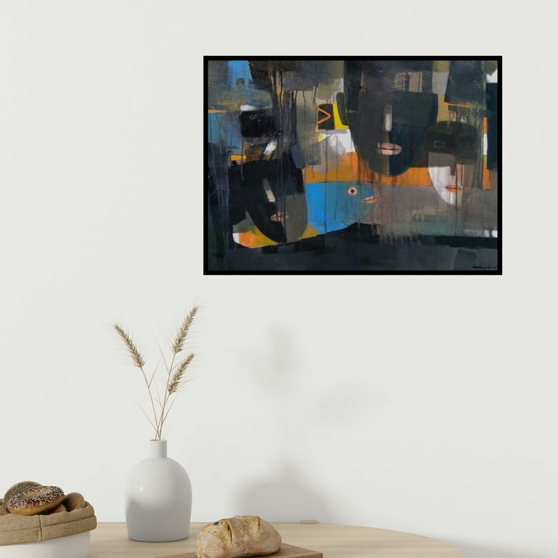 In-situ view of Mihir Kayal's 'Composition (Beneath the Surface)' painting in a room