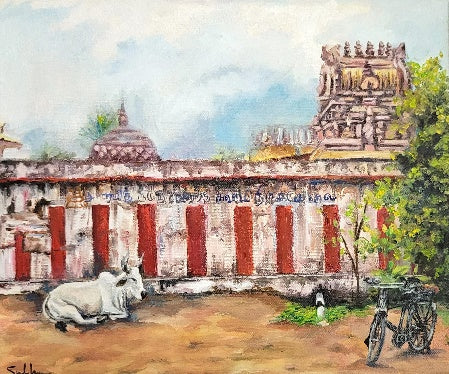 By The Compound Wall' landscape oil painting by artist Subhashree Sridhar, 13x15 inch, on canvas