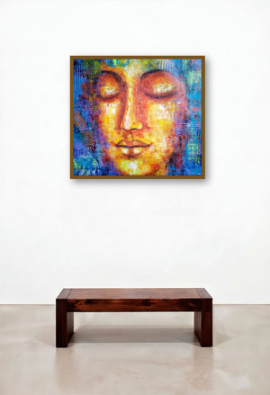 Concentrate (The Enlightened Face) by artist Purnima Gupta displayed in a Japandi Hotel Lobby