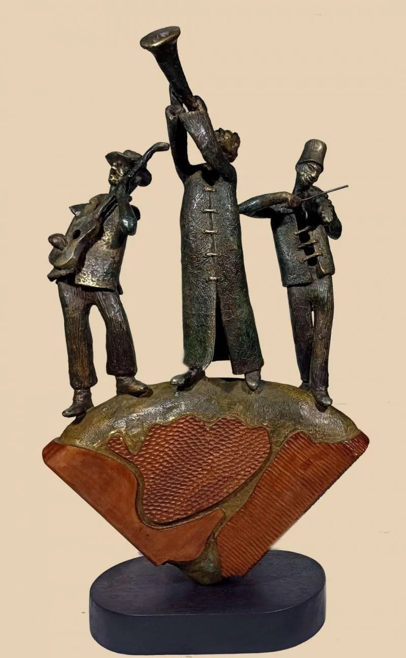 Figurative sculpture titled 'Concert', 28x17 inch, by artist Subrata Paul on Bronze, Wood