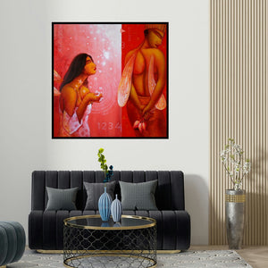 Samir Sarkar's 'Conciliate' painting visualized above a sofa in a contemporary room.