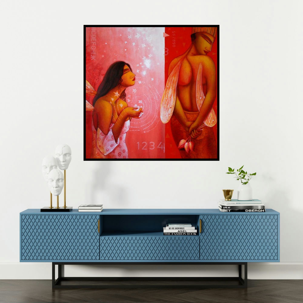 'Conciliate' painting by Samir Sarkar shown on a wall in a furnished room.