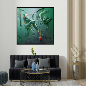 Gopal Chowdhury's 'Confession (Trapped Figure)' painting visualized above a sofa in a contemporary room.