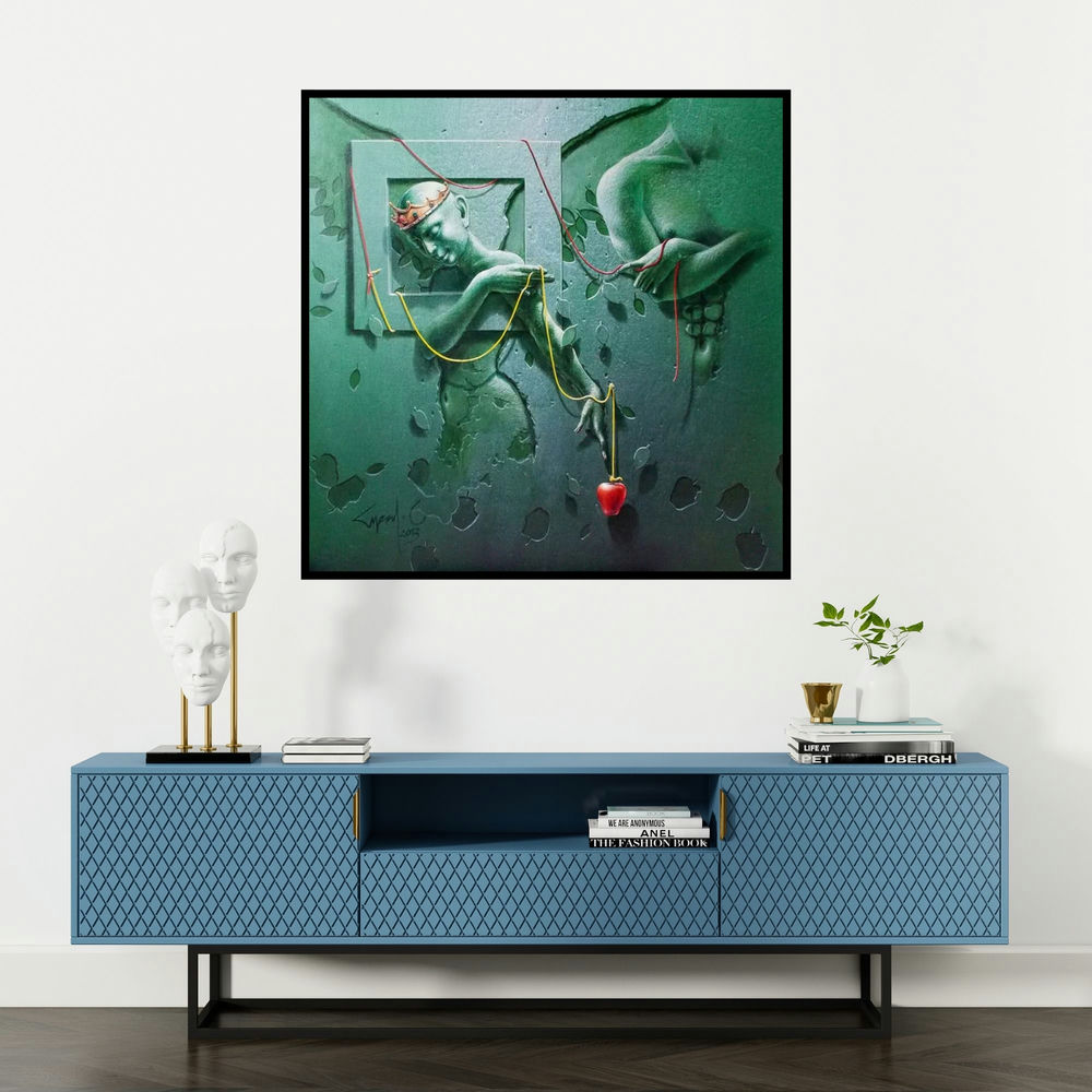 'Confession (Trapped Figure)' painting by Gopal Chowdhury shown on a wall in a furnished room.