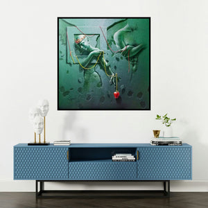 'Confession (Trapped Figure)' painting by Gopal Chowdhury shown on a wall in a furnished room.