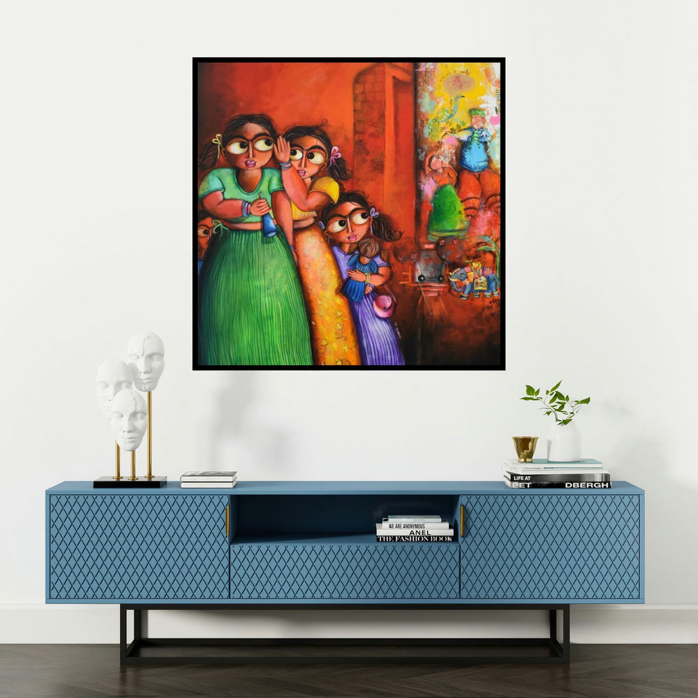 'Confidant (Nampur Shark 2)' painting by Sharmi Dey shown on a wall in a furnished room.