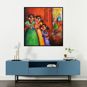 'Confidant (Nampur Shark 2)' painting by Sharmi Dey shown on a wall in a furnished room.