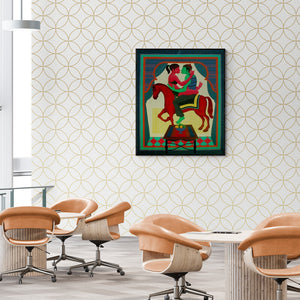 Pradipta Chakraborty's painting 'The Conjugal Tsunami (Lovers on Horseback)' displayed in a modern living room setting