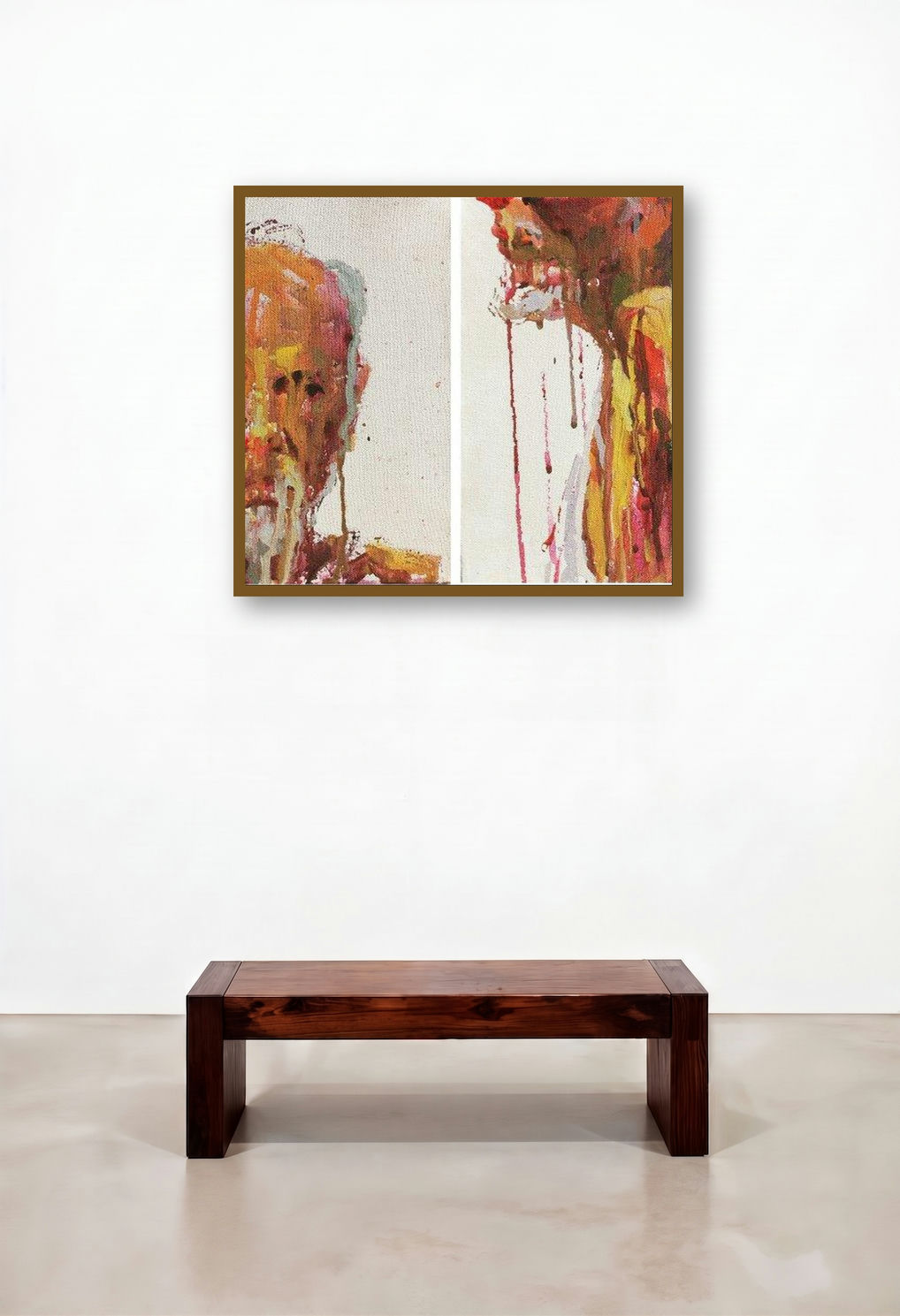 Connection (Visages of Dissolution: A Diptych in Dripping Color) by artist Amol Satre displayed in a Industrial Home Office