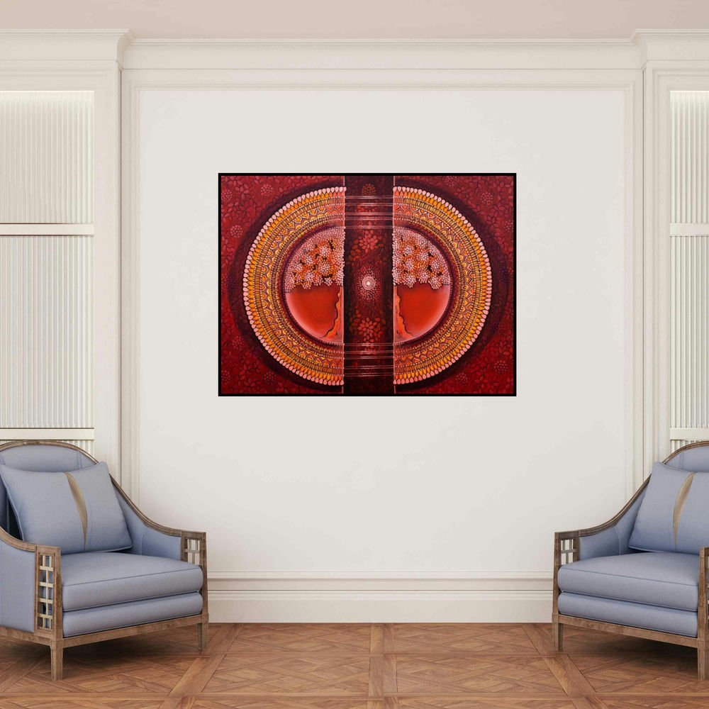 'Connection Series 1 (Celestial Gateway)' painting by Nitu Chhajer shown on a wall in a furnished room.