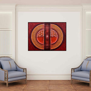 'Connection Series 1 (Celestial Gateway)' painting by Nitu Chhajer shown on a wall in a furnished room.
