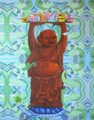 Conscious Of Vastu (The Traveler's Burden) by Kushal Kumar, Original Oil & Enamel Contemporary Painting on Canvas, Large Vertical Wall Art