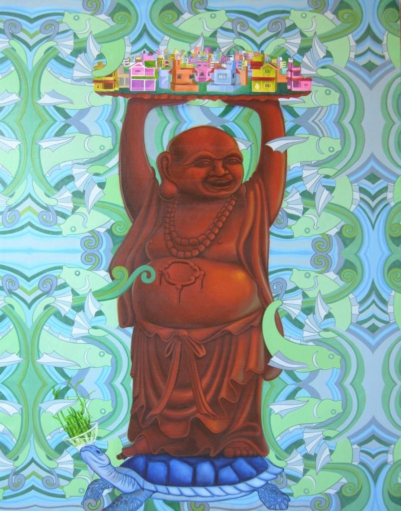 contemporary oil & enamel painting titled 'Conscious Of Vastu', 54x42 inches, by artist Kushal Kumar on Canvas