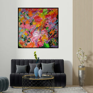 Romaine Kaufman's 'constant search for balance (Vibrant Chaos)' painting visualized above a sofa in a contemporary room.