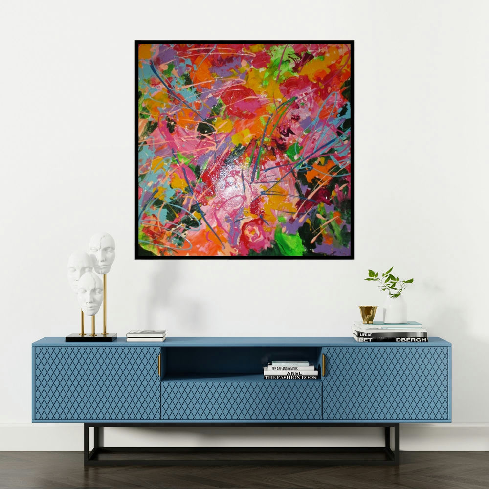 'constant search for balance (Vibrant Chaos)' painting by Romaine Kaufman shown on a wall in a furnished room.