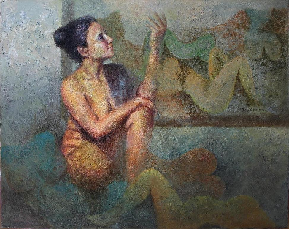 Nude acrylic painting titled 'Contemplating Peer', 30x38 inches, by artist Mansi Sagar on Canvas