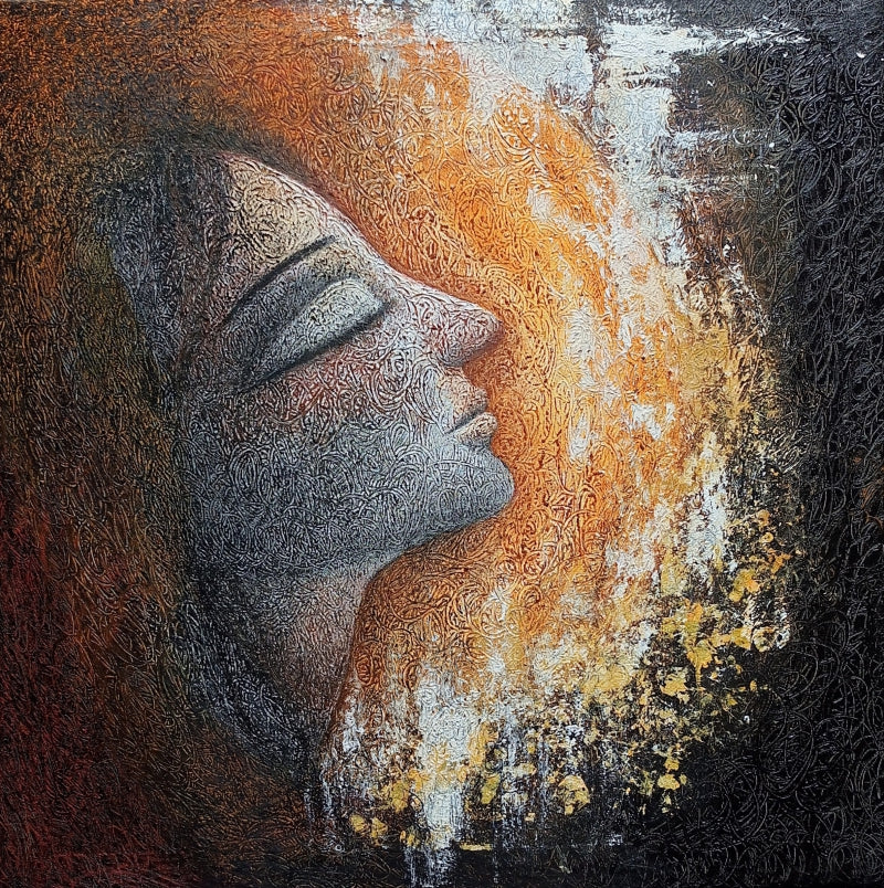 'Contemplation' figurative mixed-media painting by artist Devirani Dasgupta, 30x30 inch, on canvas