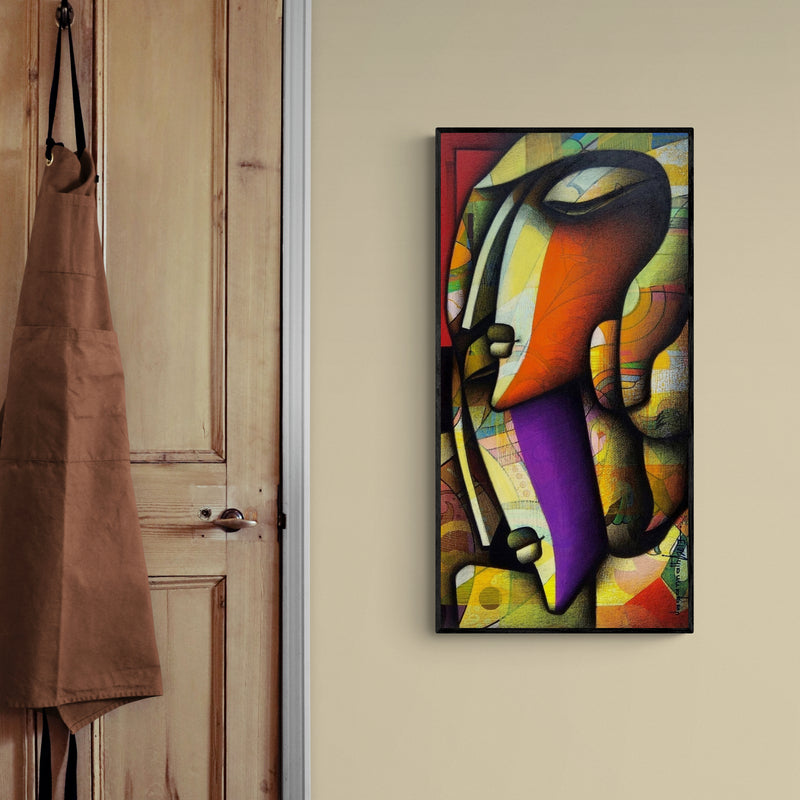 In-situ view of Jagannath Paul's 'Contemporary Faces' painting in a room
