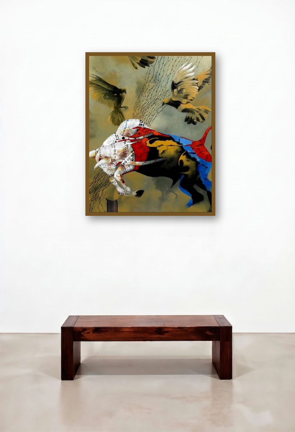 Contemporary Society 91 (Bull and Birds) by artist Kandan G displayed in a Mid-Century Modern Hallway