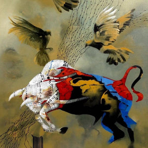 Contemporary Society 91 (Bull and Birds) by Kandan G, Original Acrylic Contemporary Painting on Canvas, Medium Square Wall Art