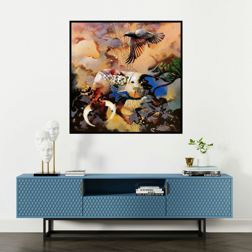 'Contemporary Society 96 (Bull and Raven)' painting by Kandan G shown on a wall in a furnished room.