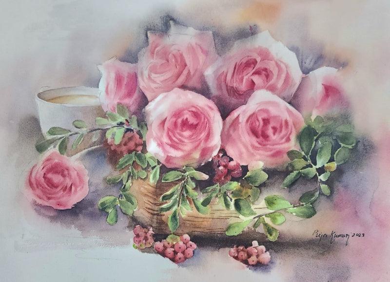 Nature watercolor painting titled 'Contented', 15x22 inches, by artist Puja Kumar on Paper